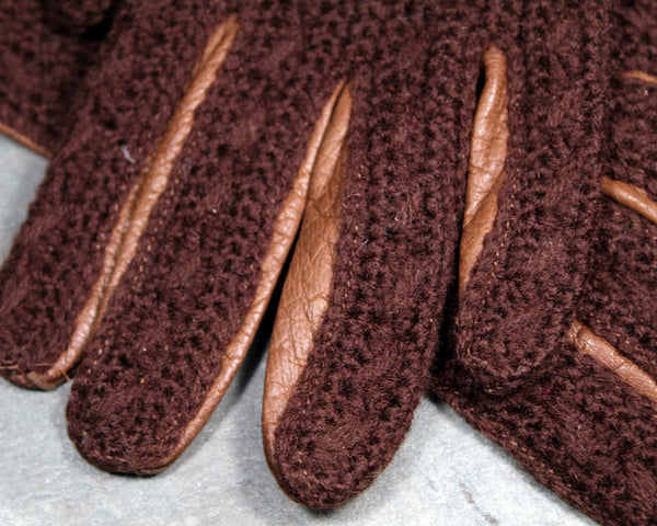 RARE Vintage Stretchies Italian Leather and Wool Opera Gloves - Brown Cable Knit Wool Backs with Soft Leather Palms