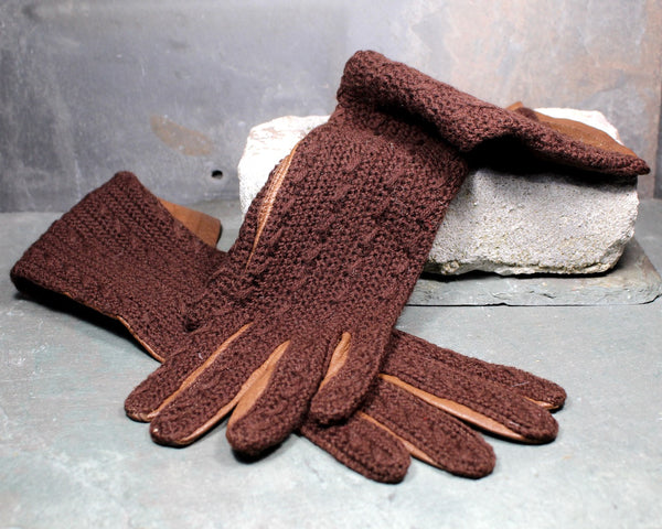 RARE Vintage Stretchies Italian Leather and Wool Opera Gloves - Brown Cable Knit Wool Backs with Soft Leather Palms
