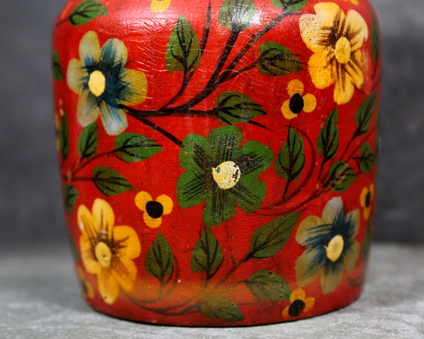 Vintage Red Wooden Trinket Jar | Made in India, Circa 1980s | Hand-Painted Floral Motif with Knobbed Lid