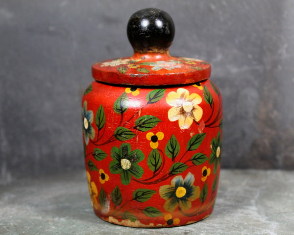 Vintage Red Wooden Trinket Jar | Made in India, Circa 1980s | Hand-Painted Floral Motif with Knobbed Lid