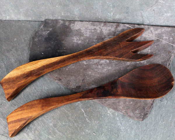 Mid-Century Solid Wood Serving Fork and Spoon | Possibly Walnut | Vintage Table