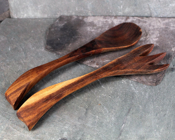 Mid-Century Solid Wood Serving Fork and Spoon | Possibly Walnut | Vintage Table