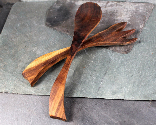 Mid-Century Solid Wood Serving Fork and Spoon | Possibly Walnut | Vintage Table