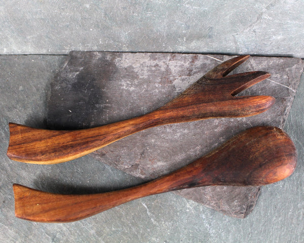 Mid-Century Solid Wood Serving Fork and Spoon | Possibly Walnut | Vintage Table