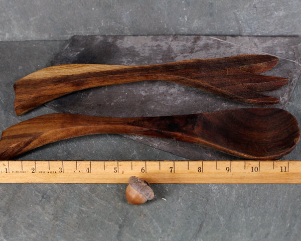 Mid-Century Solid Wood Serving Fork and Spoon | Possibly Walnut | Vintage Table