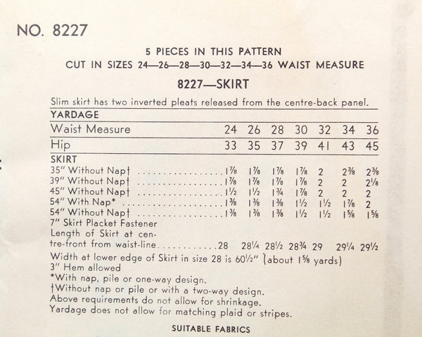 1954 Vogue #8227 Skirt Pattern | Waist 33", Hip 43" | Cut, Complete Pattern in Original Envelope