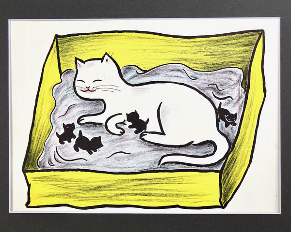 Children's Room Art - Mommy & Kittens - Authentic Original Book Illustrations With Custom Mat Fits 11" x 14" Frame - Sold UNFRAMED