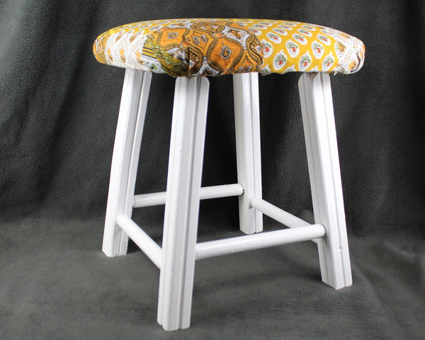 Upcycled Padded Seat 14" Stool -Refurbished Small Stool - Up-Cycled Vintage Small Padded Stool - Refurbished & Reupholstered with Vintage Fabric