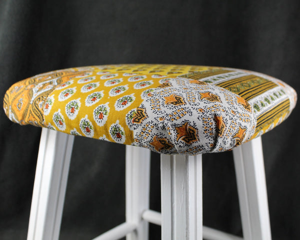 Upcycled Padded Seat 14" Stool -Refurbished Small Stool - Up-Cycled Vintage Small Padded Stool - Refurbished & Reupholstered with Vintage Fabric
