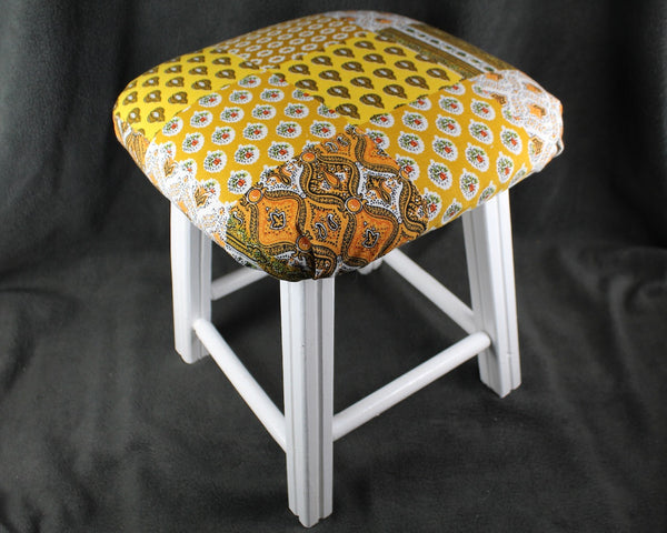 Upcycled Padded Seat 14" Stool -Refurbished Small Stool - Up-Cycled Vintage Small Padded Stool - Refurbished & Reupholstered with Vintage Fabric