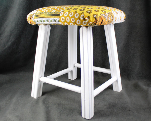 Upcycled Padded Seat 14" Stool -Refurbished Small Stool - Up-Cycled Vintage Small Padded Stool - Refurbished & Reupholstered with Vintage Fabric