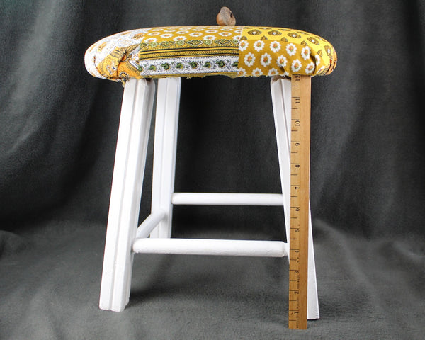 Upcycled Padded Seat 14" Stool -Refurbished Small Stool - Up-Cycled Vintage Small Padded Stool - Refurbished & Reupholstered with Vintage Fabric