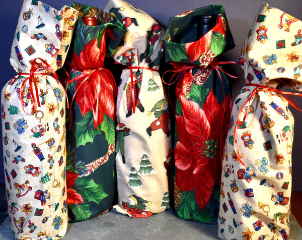 HOLIDAY Wine Bags - Set of 5 - Choose Your Set of Upcycled Reusable Fabric Wine Gift Bags