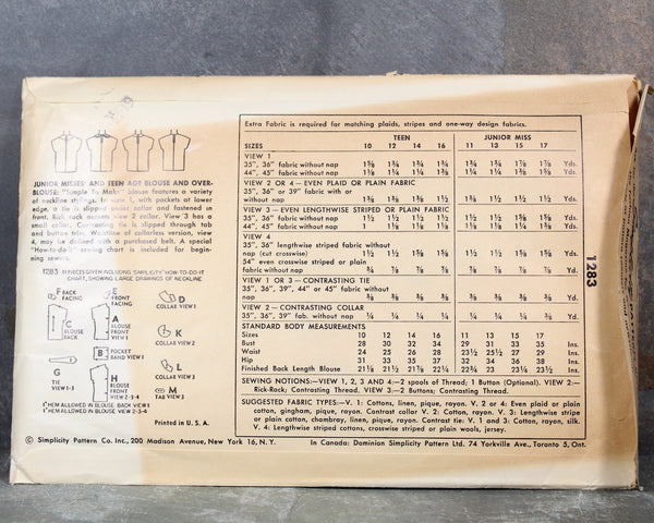 1955 Simplicity #1283 Women's Tops Pattern | Women's Size 11, Bust 29 | Cut, Complete, Factory Folded Pattern