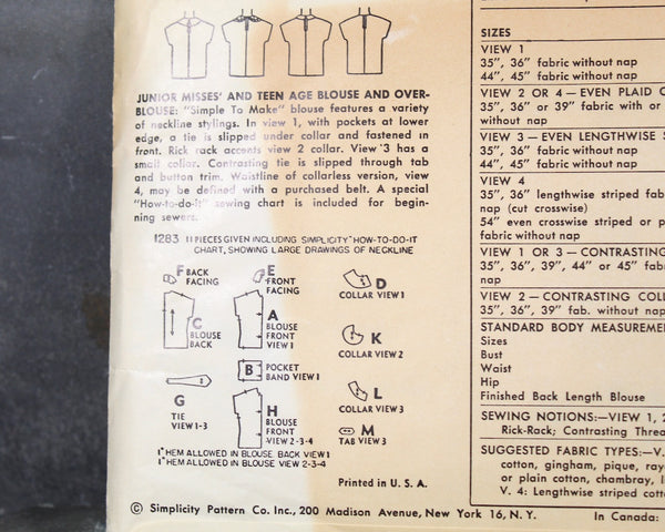 1955 Simplicity #1283 Women's Tops Pattern | Women's Size 11, Bust 29 | Cut, Complete, Factory Folded Pattern