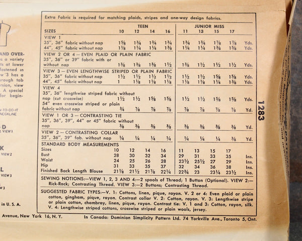 1955 Simplicity #1283 Women's Tops Pattern | Women's Size 11, Bust 29 | Cut, Complete, Factory Folded Pattern
