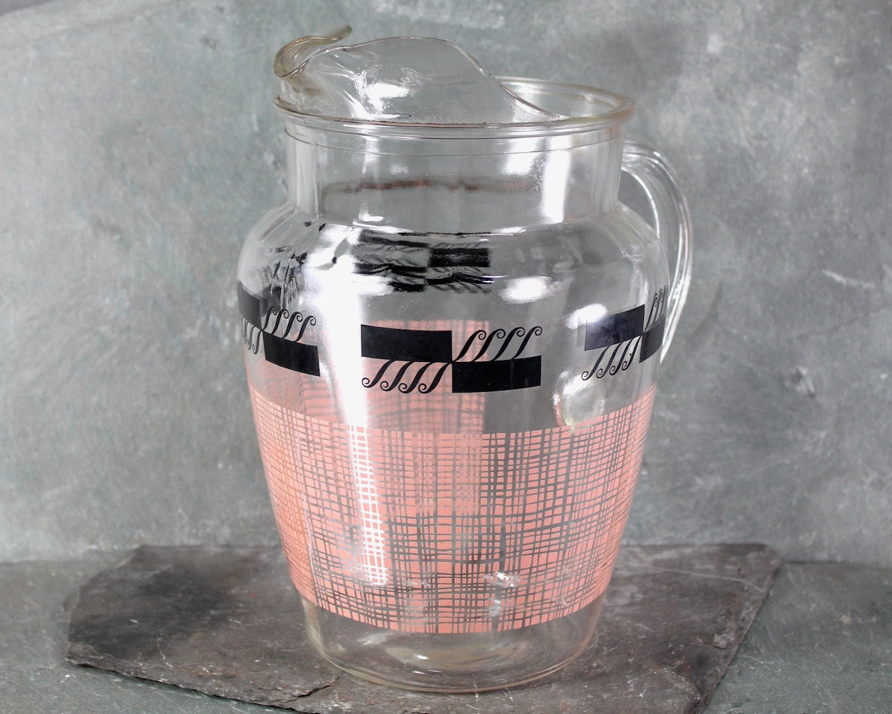 Mid-Century Atomic Glass Pitcher | Pink & Black 1960s Lemonade Pitcher | Bixley Shop