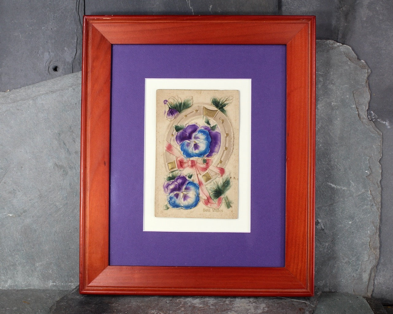 1900s Birthday Card Mounted and Matted | Purple & Blue Violets | Vintage Art | Bixley Shop