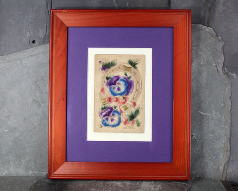 1900s Birthday Card Mounted and Matted | Purple & Blue Violets | Vintage Art | Bixley Shop