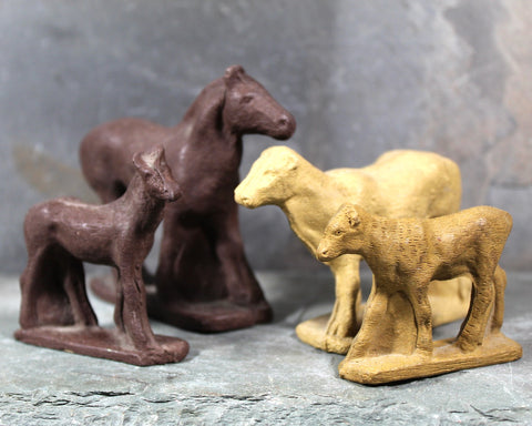 Set of 4 Antique Rubber Animal Toys | Horses and Cows | Vintage Toy Figures