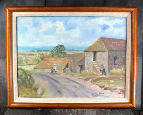 Original, Signed Oil Painting | Vintage Village Scene | Sally Weil Artist | 18x14" Framed Original Art | Seaside Pastoralt