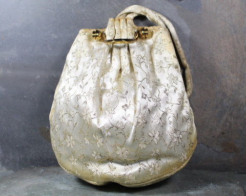 Vintage Brocade Purse | Garay Gold Flower Handbag with Wrist Strap | Party Purse | Comes with Original Comb and Mirror