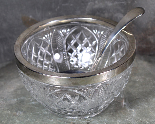 Vintage Pressed Glass Condiment Bowl with Silver Lip and Spoon | English Glass Bowls | Vintage Serving | Holiday Table