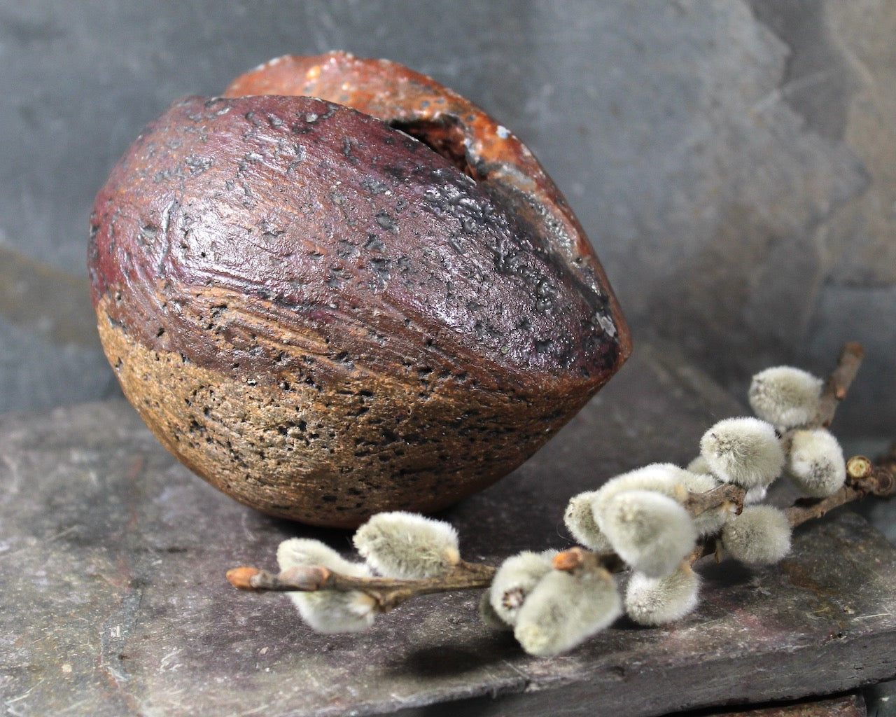 Seed Pod Sculpture | Art Sculpture | Hand Glazed Reddish Brown and Black Seed Pod | Heavy Sculpture 1 Pound