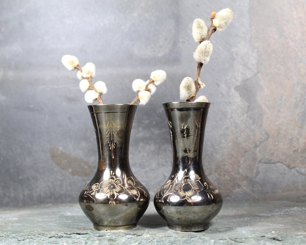Pair of Vintage Indian Brass Bud Vases, Etched Brass Bud Vases