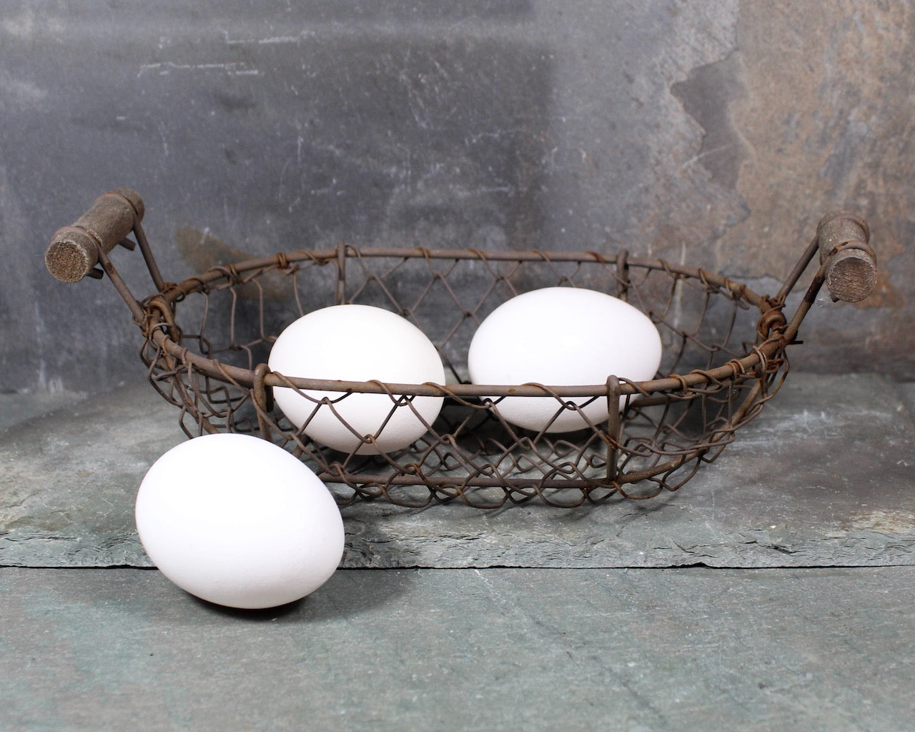 Antique Mini Egg Basket, Wire Basket with Handles