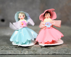Mid Century Mini Cake Toppers | Set of 2 Pink and Blue Plastic Ladies in Gowns and Hats | Perfect for Gender Reveal Party | Baby Shower