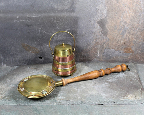 Vintage Brass & Copper Doll Accessories | Mini Brass Bed Warmer, Mini Brass and Copper Lidded Pot | Vintage Toys | Bixley Shop