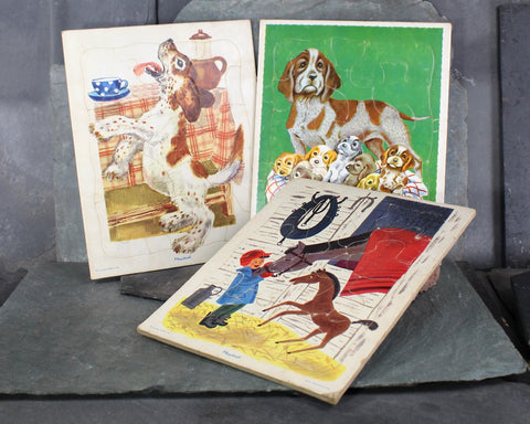 Set of 3 Vintage Playskool Puzzles | Cardboard Interlocking Puzzles in Cardboard Frame | Dogs, Horses, Puppies | Bixley Shop