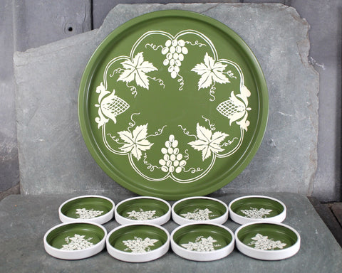 Avocado Green Metal Tray & Coaster Set | Tray and 8 Coasters | Grape Design on Avocado Green | Vintage Serving Tray | Bixley Shop