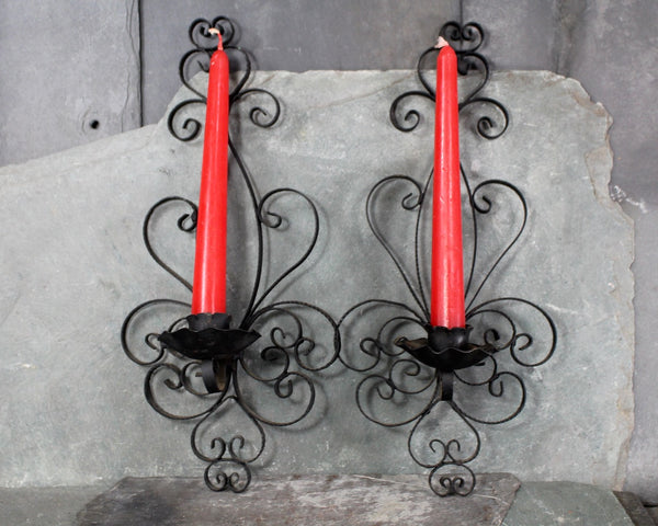 Vintage Wrought Iron Candle Sconces | Single Taper Candles Sconce | Black Wrought Iron Filigree Sconces | Circa 1960s | Bixley Shop