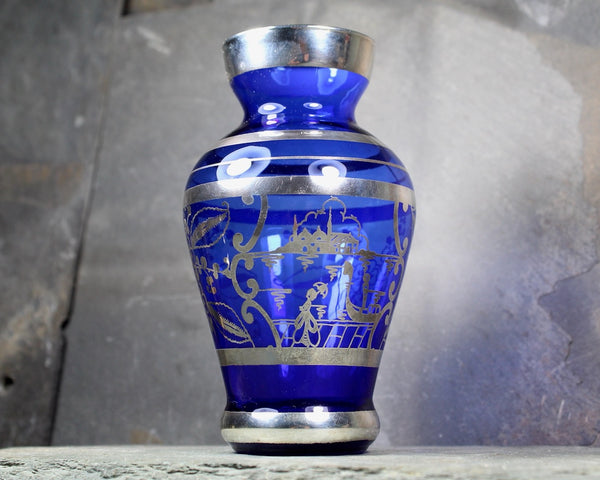 Vintage Cobalt Blue Small Vase with Silver Overlay | Cobalt Vase with Venetian Scene in Silver | 8 Ounce Vase | Bixley Shop