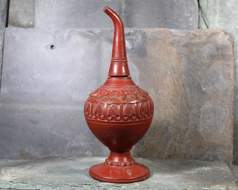 Antique Red Clay Ornately Carved Bottle | Unique Hand Crafted Design | Asian Oil Bottle | Global Decor | Bixley Shop