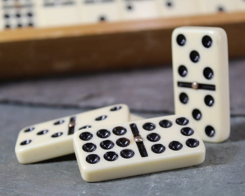 Vintage Urea Dominoes Set by Imported for Sedano's | Urea Dominoes with Metal Spin | Set of 55 Bone Colored Dominoes | Bixley Shop