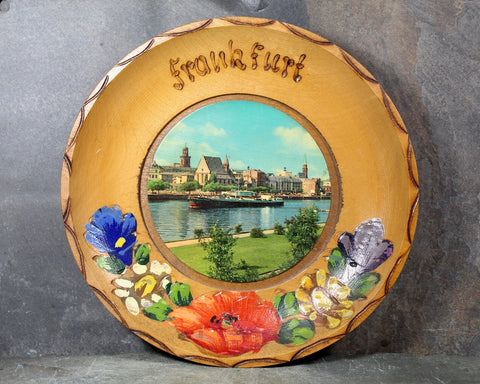 Vintage Wooden Frankfurt Hanging Plate | 1960s Hand Painted Wood Burned Small Plate | Bixley Shop