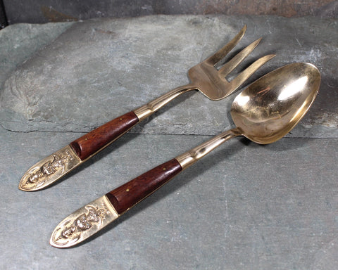 Vintage Brass Siam Serving Set | Thai Brass and Wood Serving Fork and Spoon | Bixley Shop