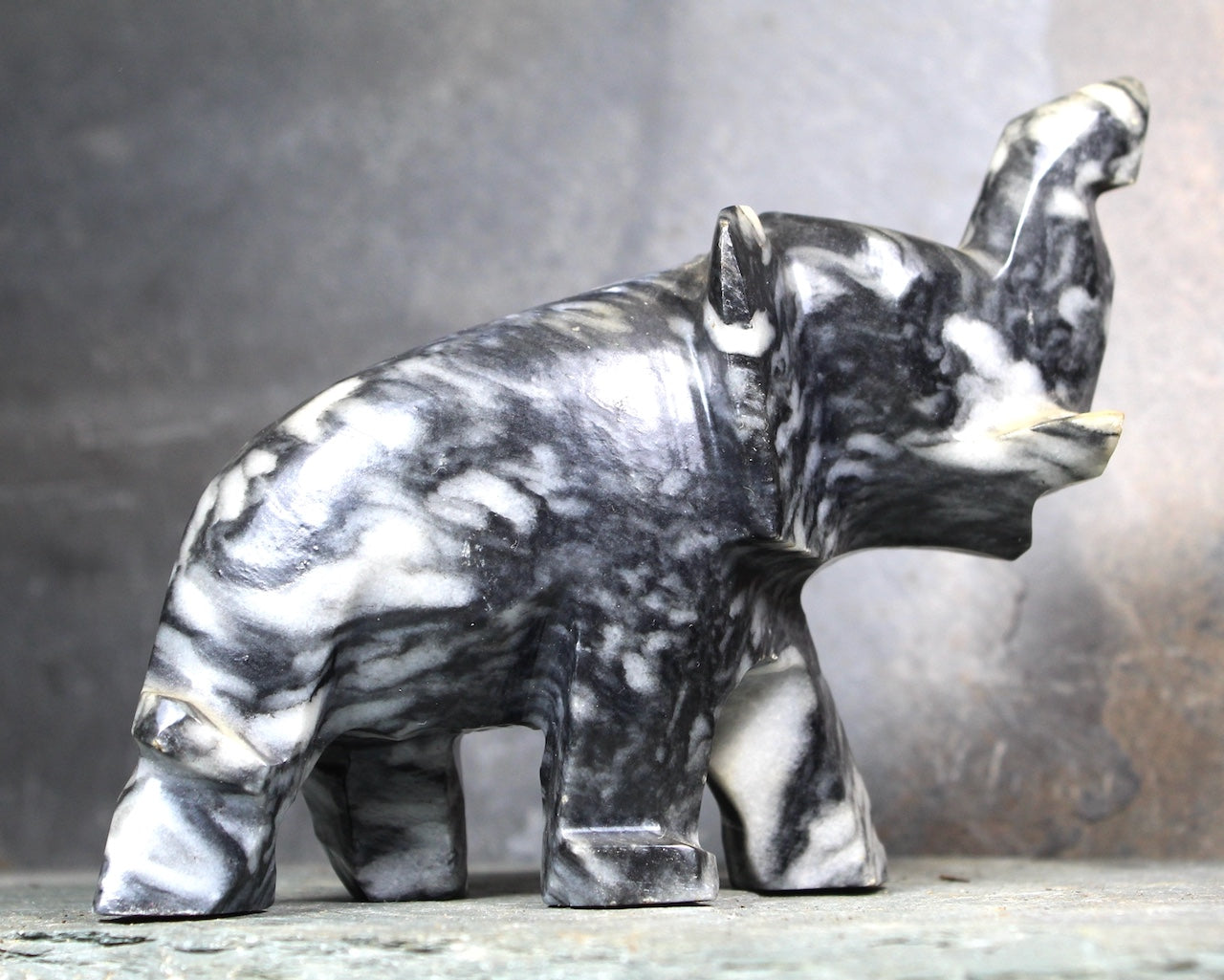 Hand Carved Stone Elephant | Collectible Stone Figurine | Carved Stone Lucky Elephant Black & White Stone | Bixley Shop