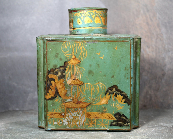 Antique Chinese Tea Tin | Green and Gold Tin with Cap | Vintage Tin | Bixley Shop