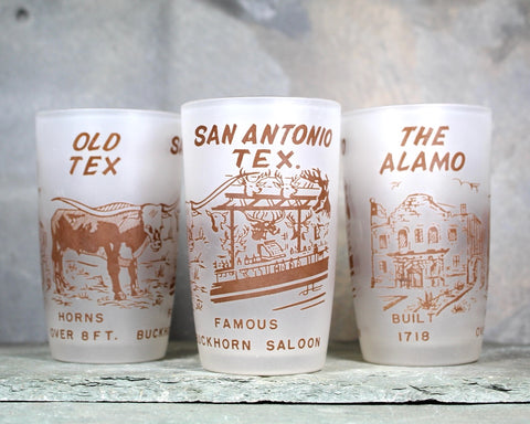 Set of 3 Mid-Century San Antonio Texas Juice Glasses | Texas Frosted Glassware | Mid-Century circa 1960s | 6 Oz Glasses | Bixley Shop