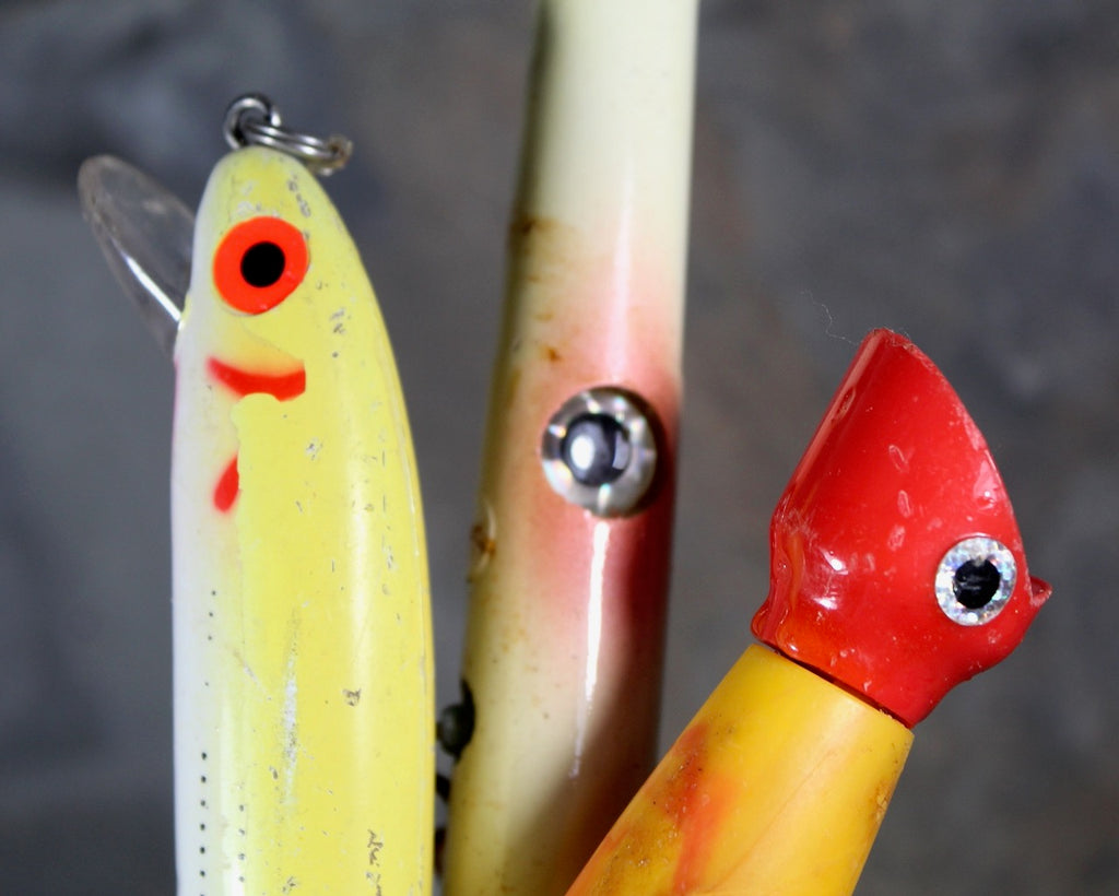 Set of 3 Vintage Large Fishing Lures | Circa 1950s | 1 Wooden and 2 Plastic Large Fishing Lures Set of 3 Vintage Large Fishing Lures | Circa 1950s | 1 Wooden and 2 Plastic Large Fishing Lures