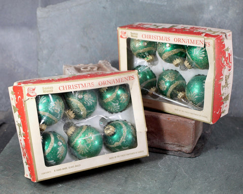 Vintage Kurt Adler Green Glittered Christmas Ornaments | Set of 12 in Original Boxes | 1 3/4" Glass Balls | Vintage Christmas Ornaments