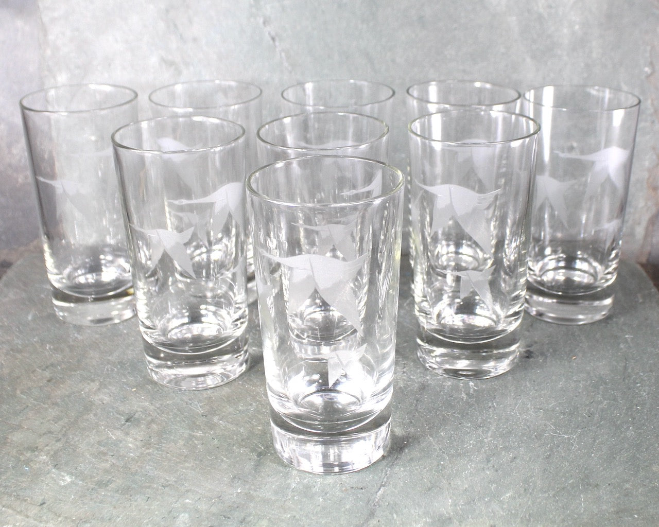 Set of 9 Mid-Century Tom Collins Glasses | Etched Geese in Flight | Mid-Century circa 1960s | 8 Oz Glasses | Bixley Shop