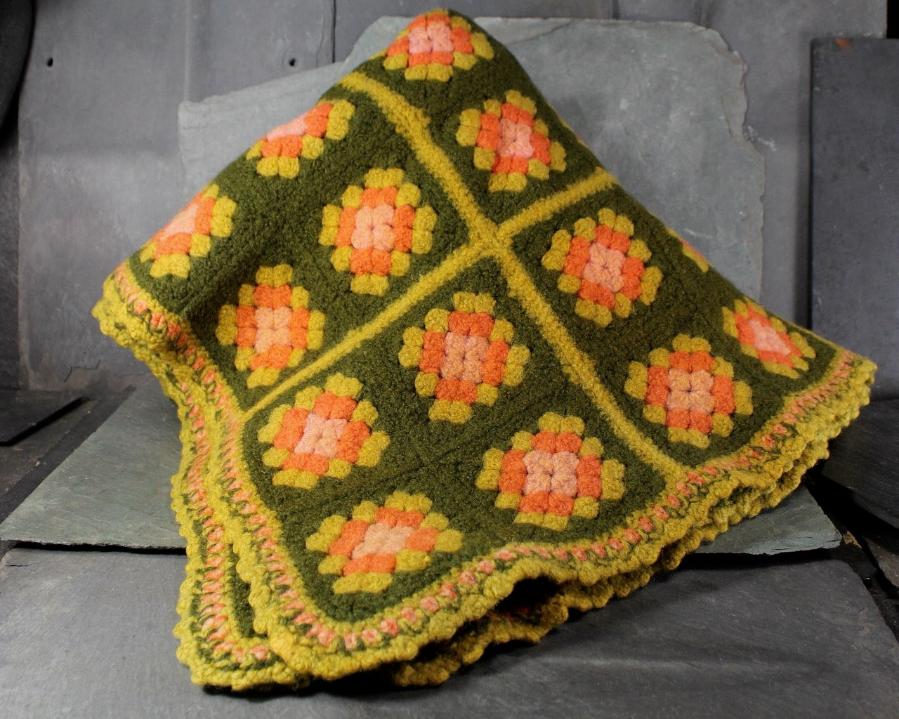 Vintage Hand Crocheted Afghan | MCM Harvest Granny Square Afghan | Avocado Green | Very Brady Afghan 48" Square | Bixley Shop