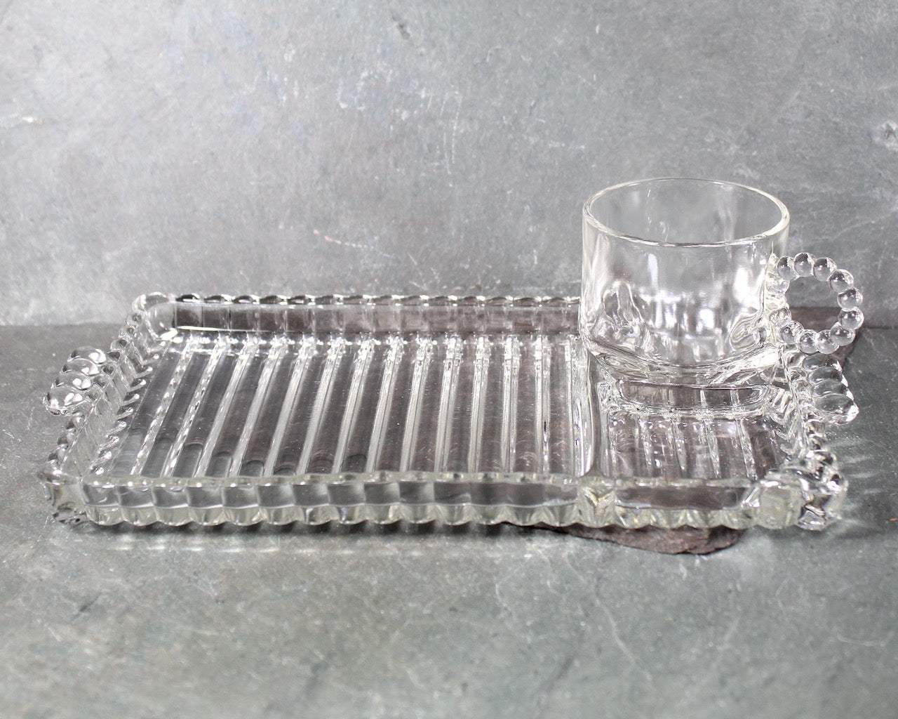 1950s Luncheon Divided Glass Dish with Matching Glass Cup | Clear Glass Trinket Tray, Vanity Organizer, or Condiment Serving Piece | Boopie Glass | Bixley Shop