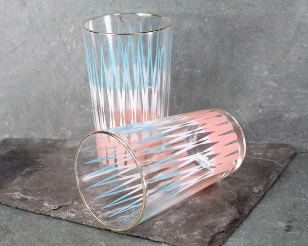 Set of 2 Mid-Century Tumblers | Anchor Hocking Blue, White, & Pink Drinking Glasses | Mid-Century circa 1960s | 8 Oz Glasses | Bixley Shop