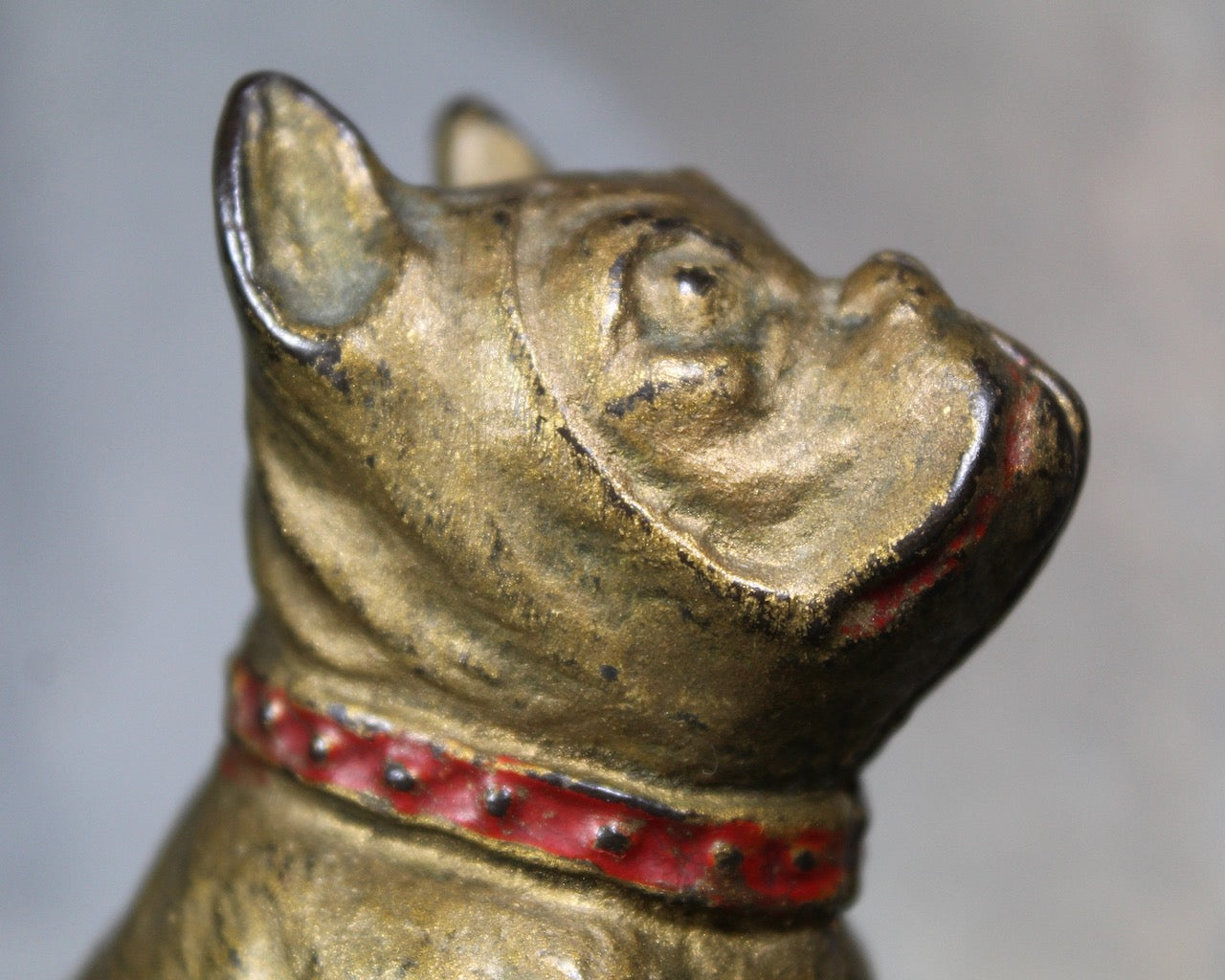 Antique Bulldog Penny Bank | Cast Iron Bulldog Bank with Gold and Red Paint | Piggy Bank | Bixley Shop